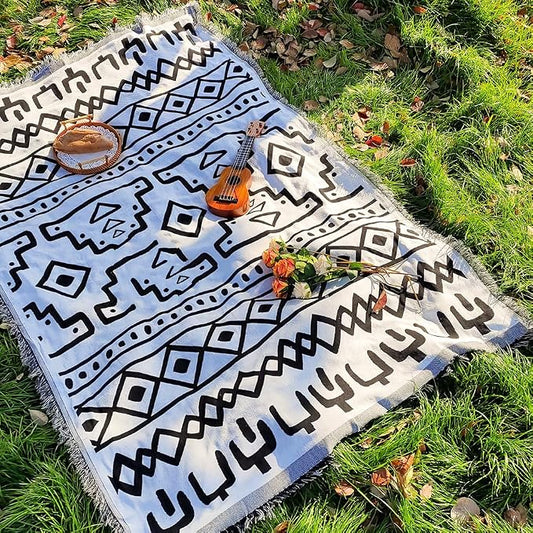 White Picnic Blanket, Extra Large Soft Cotton Gauze Picnic Rug 71"x71", Lightweight Breathable Blanket, Machine Washable for Beach, Camping, Park, Couples (Patterned Whimsy - No Straps)