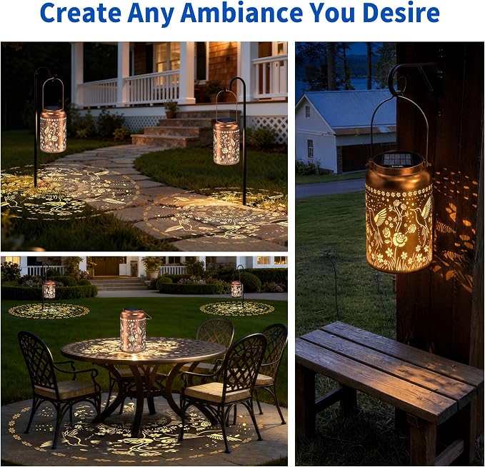 JEJOT Hummingbird Solar Lanterns Outdoor Waterproof, Birthday Gifts for Women Mom Grandma,Metal Hanging Solar Lantern for Yard,Garden,Porch Landscape Deconrations-1 Pack