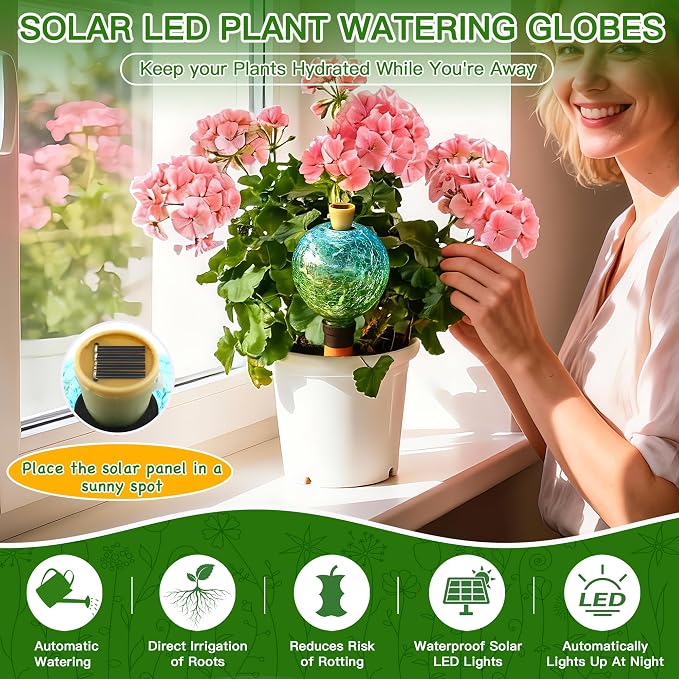 VOREEN Crackle Glass Plant Watering Globe with Terracotta Spike,Self-Watering Irrigation for Potted Plants, with Solar Accent Light for Indoor & Outdoor Décor, 17oz, Blue–Green Gradient