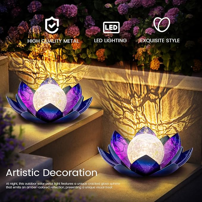 Huaxu Solar Lights Outdoor Decor, Purple Lotus Flower Light, Waterproof LED Crackle Globe Glass Lamp for Garden, Patio, Yard, Porch, Pathway, Ground, Tabletop Gifts for Mom,Women