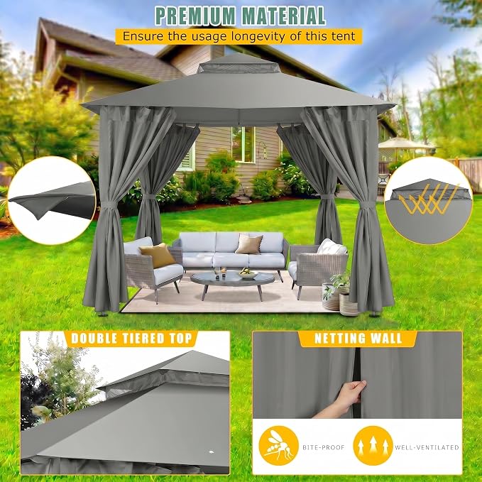 COBIZI 10x10 Gazebo with Double Roof & Mosquito Netting Outdoor Heavy-Duty Party Tent, Patio Tent with Zipper Screens - Backyard Garden Lawn Shelter Includes Wind Ropes Expansion Bolts, Grey