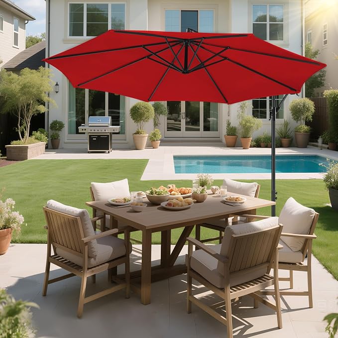 Offset Patio Umbrella Cantilever - 10 FT Cantilever Umbrella Outdoor with Crank and Cross Base, UV Protection Large Patio Umbrella for Garden, Deck, Backyard, Pool, Porch (Red)