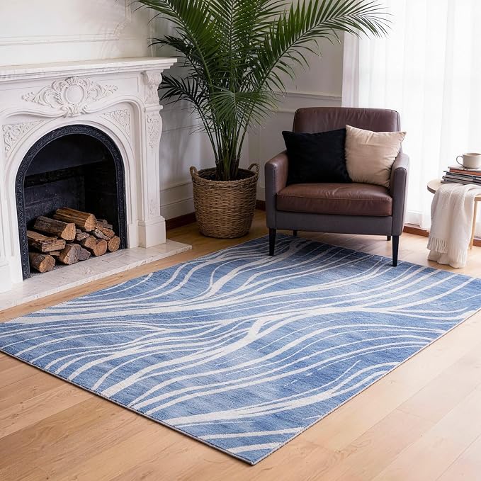 Washable Area Rug 5x7, Large Soft Rugs for Living Room Blue Waves Carpet 5x7 Area Rugs for Bedroom Dining Room Non-Slip Stain Resistant Under Table Rug