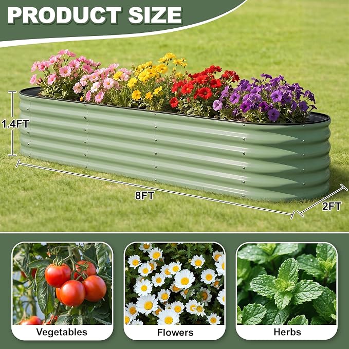 1MORE Galvanized Raised Garden Bed- Planter Garden Boxes Outdoor, Raised Beds for Gardening,Metal Garden Bed Kit for Vegetables Flower, Planter Raised Beds.8x2x1.4ft Green-2pcs