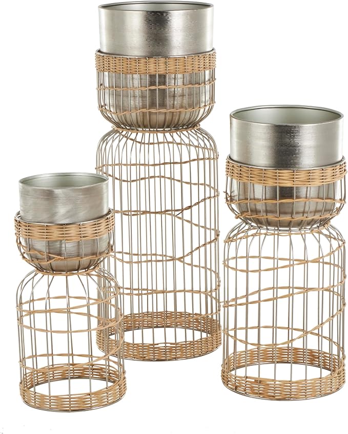 Deco 79 Metal Indoor Planter Textured Dome Large Planter Pot with Woven Rattan and Caged Rod Pedestal Base, Set of 3 Planters 30", 23", 18" H, Silver