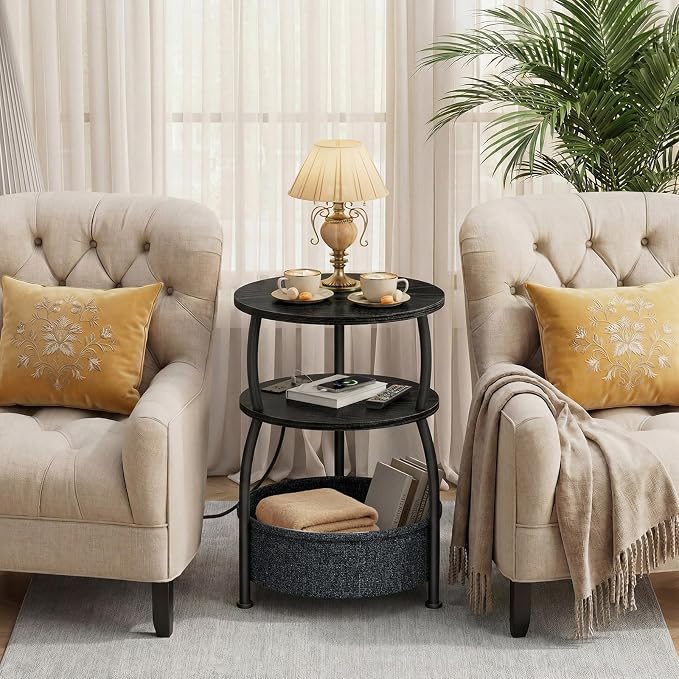 Round Side Table with Charging Station, USB Type C Port, Black | Round End Table with Basket for Living Room, Space Saving, Tall Night Stand for Bedroom Dorm,15.75in Metal and Wood, Rustic