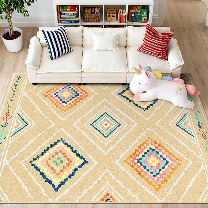 Area Rug 5x7 Rug Machine Washable Non-Slip Low Pile Print Pattern Western Rug for Living Room Bedroom Entryway Tribal Series -Cream/Beige | Soft Western No Slip Low Pile Print Foldable Indoor for Kitchen Dining Room