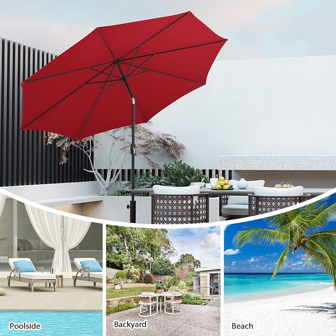HAPPYGRILL 10 FT Solar Patio Umbrella with 112 LED Light, Outdoor Umbrella with Tilt Adjustment, Crank System, 8 Metal Ribs & Vented Top, Deck Table Market Umbrella for Garden Pool Deck Yard