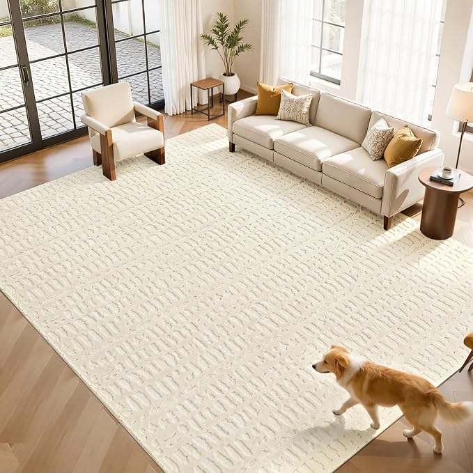 Yamaziot Washable 9x12 Area Rugs for Living Room Textured Non Slip, Beige | Modern High-Low Geometric Pattern, Soft Fluffy, Neutral, Minimalist Floor Carpet for Bedroom Dining Room Nursery Kids Room