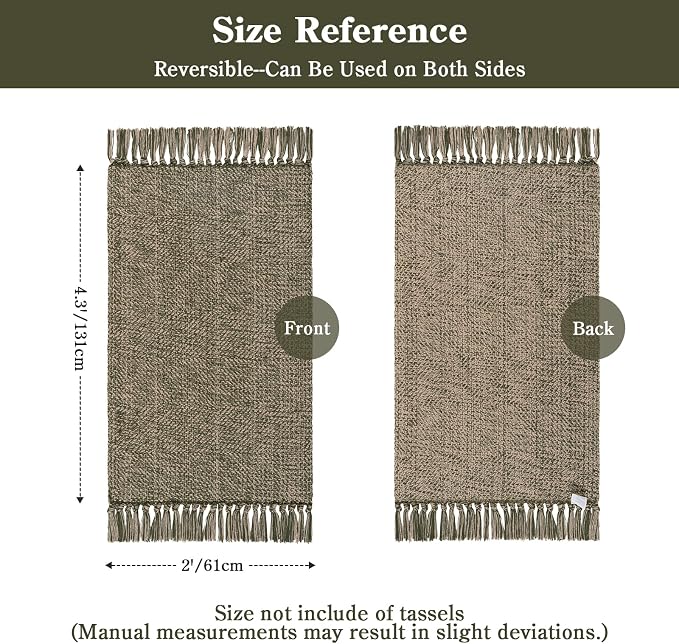 Boho Moss Green Kitchen Runner Rug, 2' x 4.3' Washable Bathroom Rug | Modern Farmhouse Braided Bathroom Mat, Boho Washable Front Door Mats Reversible Entry Carpet for Laundry Bedroom Porch Decor