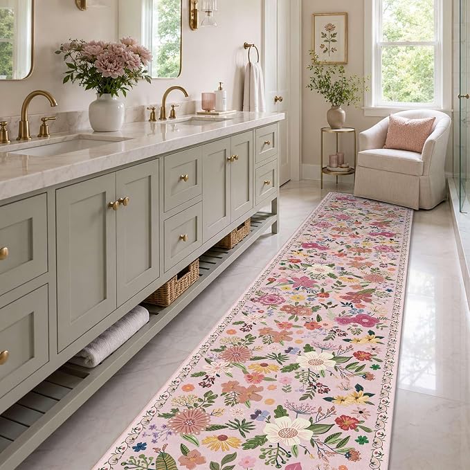 Latte&Fog Hallway Runner Rug 2x10 Non Slip Washable Pink Rugs for Kitchen | Low Pile Soft Cute Throw Rug Doormat for Entrance Bathroom Laundry Bedside Bedroom Nursery Playroom Hallyway Dorm Office