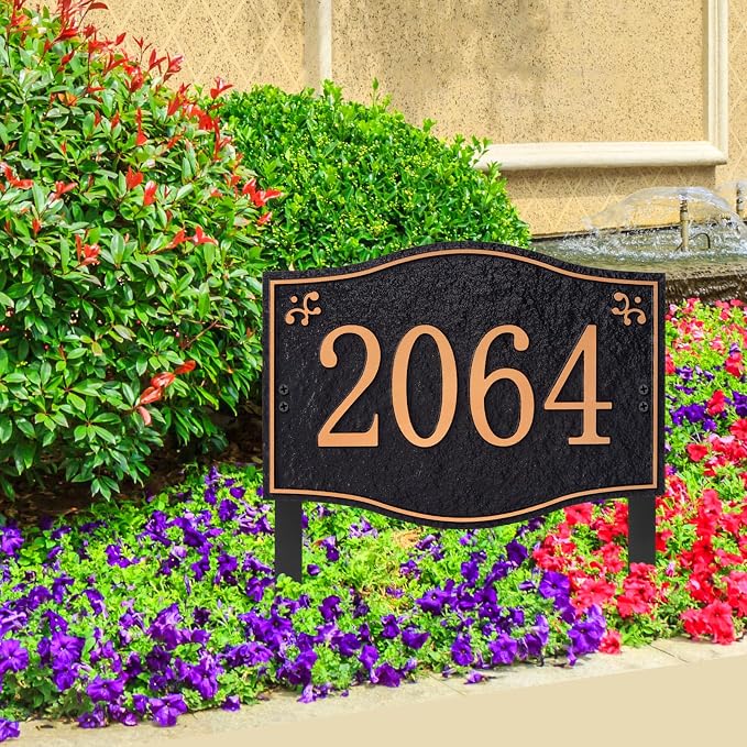 Personalized Address Plaque Sign - LAWN MOUNTED, House Address Signs for Outside Use for House,Apartment,Office,Yard (Black/Red Copper)