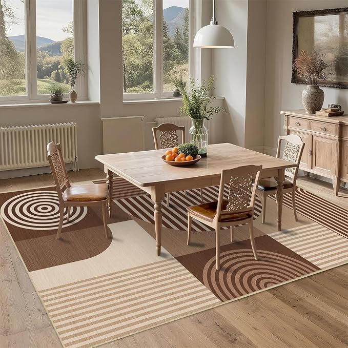Area Rug 5x7 Brown Geometric Rug for Living Room Machine Washable Minimalist Mid Century Modern Rugs Non Slip Low Pile Large Dining Room Indoor Floor Carpet for Bedroom Kitchen Office,Brown
