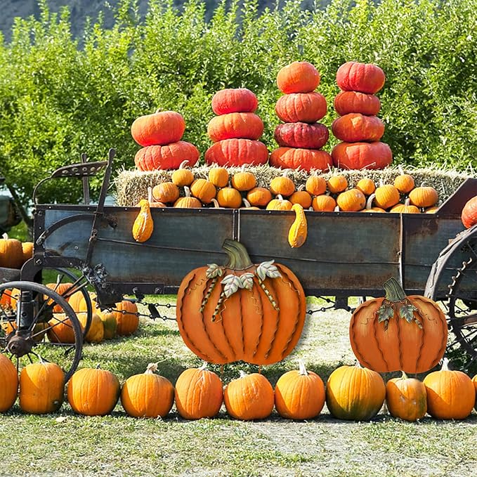 K KILIPES 17" H Metal Pumpkin Garden Stake Fall Decorations Outdoor Pumpkin Yard Sign Autumn Pumpkin Lawn Decor Decorative Garden Stake for Fall Harvest Thanksgiving Outside Patio Porch Decor