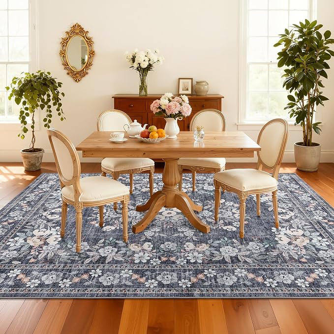 GarveeHome 5x7 Vintage Area Rug for Dining Botanical Boho Accent Carpets | Machine Washable Flower Bordered Floor Cover Mats Non-Slip Low Pile Vintage Floral Rugs for Living Room Bedroom Blue