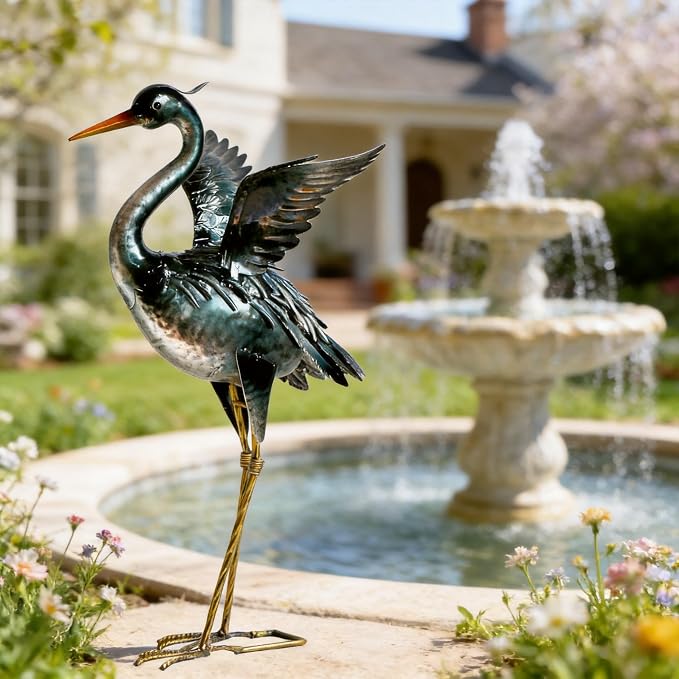 chisheen Crane Garden Statue Metal Heron Outdoor Decor Yard Art Bird Gift | Handcrafted Quality Iron and Handpainted Waterproof Finish
