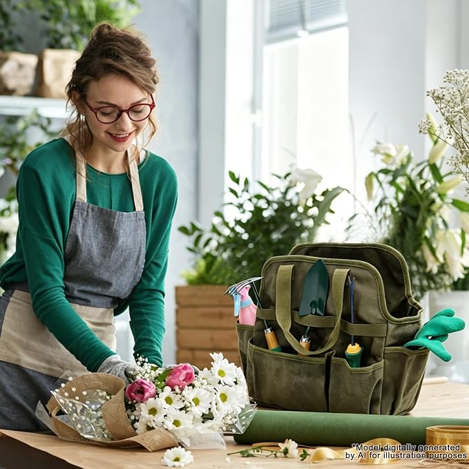 Waxed Canvas Utility Tote Bag, Large Capacity Multi-Pocket Garden Tool Bag, Heavy Duty Waterproof Work Tote for Camping, Gardening, Organizer Storage Bag for Men Women, Army Green