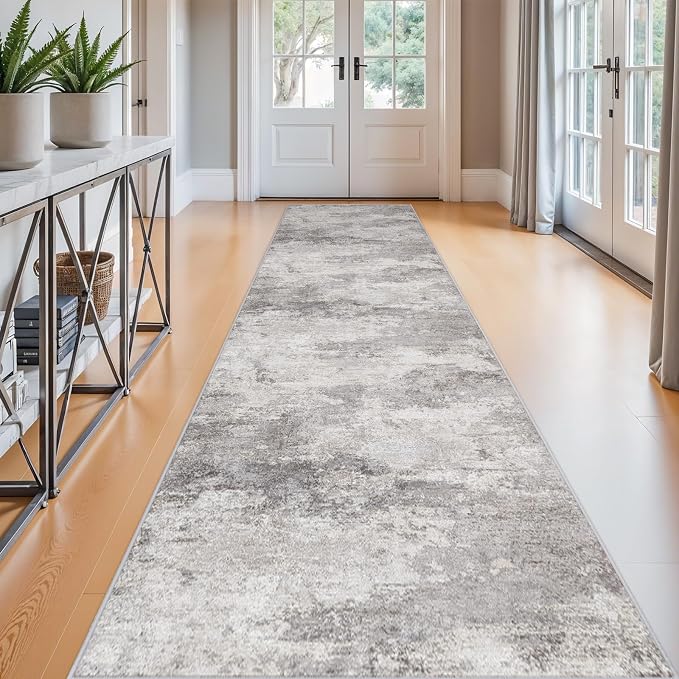 2'6x12 Extra Long Runner Rug: Washable Non Slip Hallway Carpet Grey | Soft Kitchen Rugs Thin Low Pile Floor Mat for Bedroom Abstract Home Decor 2.6x12 Grey