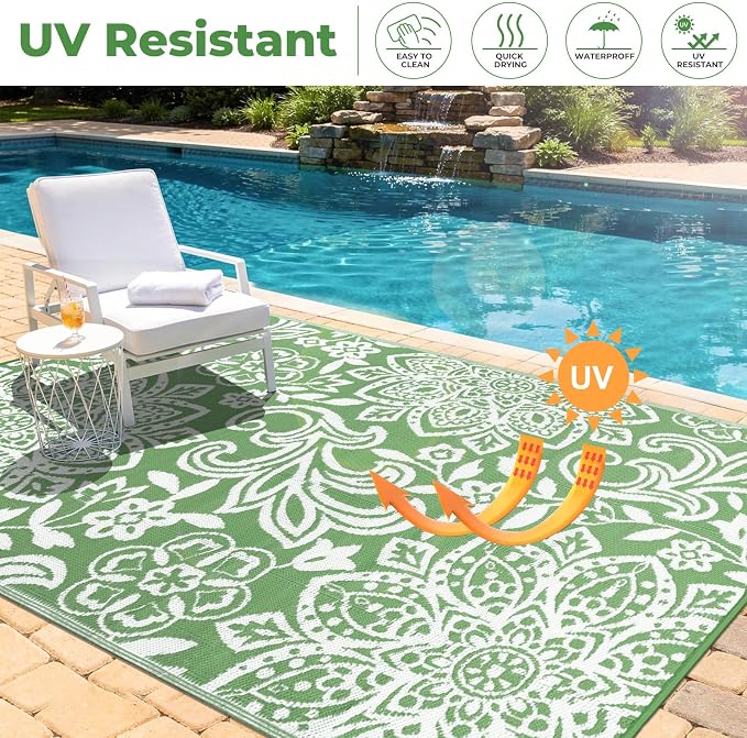 Findosom Waterproof Outdoor Rug 5' x 8' - Reversible Mandala Outdoor Plastic Straw Rug, Durable Foldable Patio Rug for RV, Deck, Balcony, Backyard, Picnic, Porch, Camping, Beach, Green