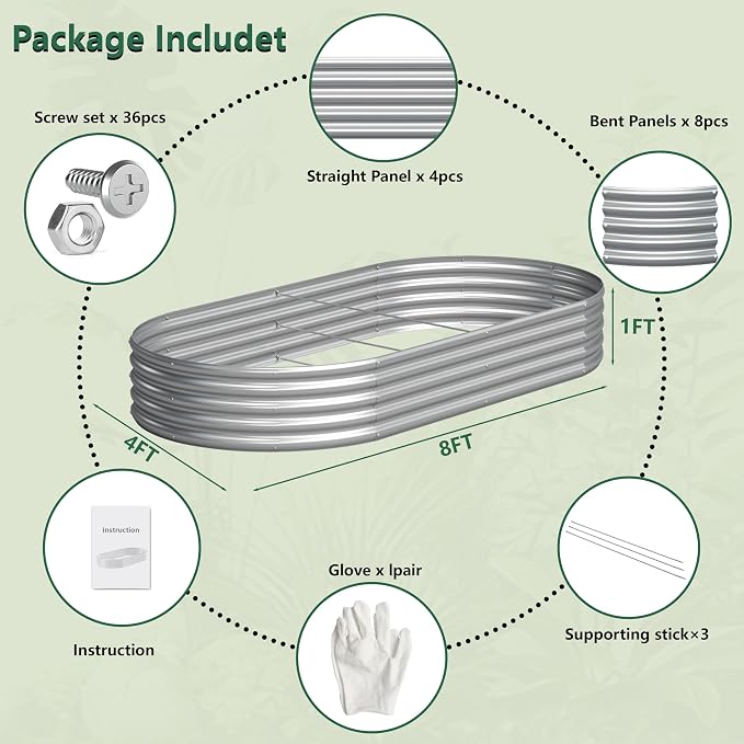 Galvanized Raised Garden Bed Outdoor, 8x4x1ft(2Pack) Metal Heavy Duty Planter Boxes for Gardening, Easy Assemble Bottomless Small Oval Plant Container Kit for Vegetable, Flower, Fruit, Silver