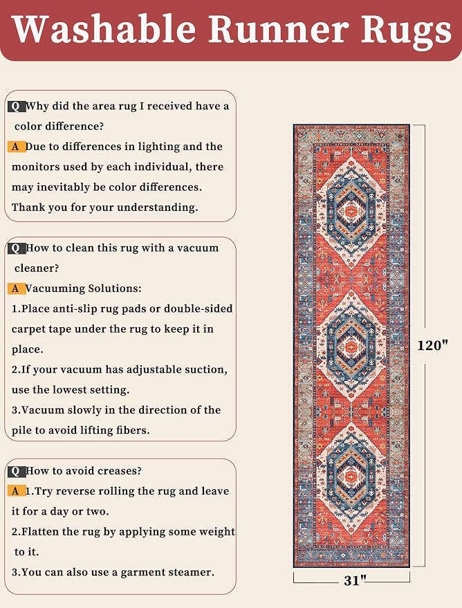 SERISSA 2'6"x10' Washable Non Slip Boho Runner Rug for Hallway，Rust | Ultra Soft Vintage Oriental Carpet Low-Pile Tribal Floor Carpet for Kitchen Stair Bedroom Bathroom Laundry Room
