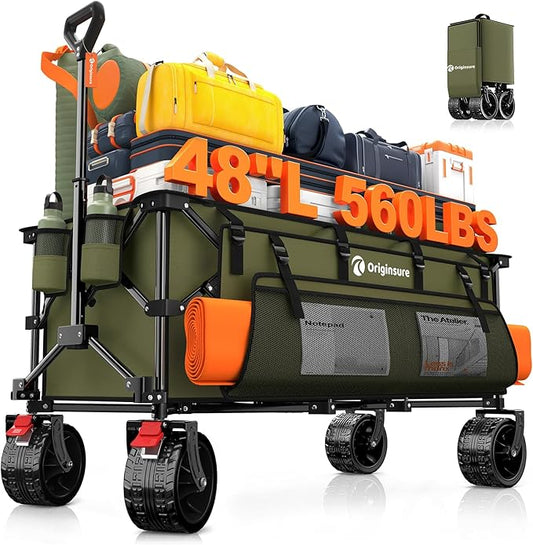 48" L Folding Beach Wagon Cart Foldable, 560lbs Weight Capacity 300L Heavy Duty Collapsible Wagons with Big All-Terrain Wheels, Utility Carts for Groceries, Shopping, Camping, Sports - Green