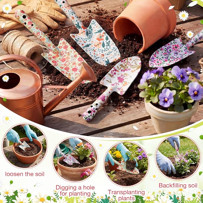 12 Pcs Floral Garden Shovels Bulk Gardening Gift for Women Heavy Duty Metal Garden Tools Floral Hand Shovel Planting for Summer Employees Birthday Thank You Gifts (Colorful Flowers)
