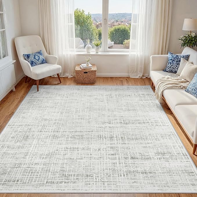 4x6 Washable Area Rug for Living Room Bedroom: Non-Slip Modern White Gray | Machine Washable TPR Backing, Stain-Resistant Low Pile, Pet & Kid Friendly, Abstract Decor for Dining Room, Dorm, Home Office