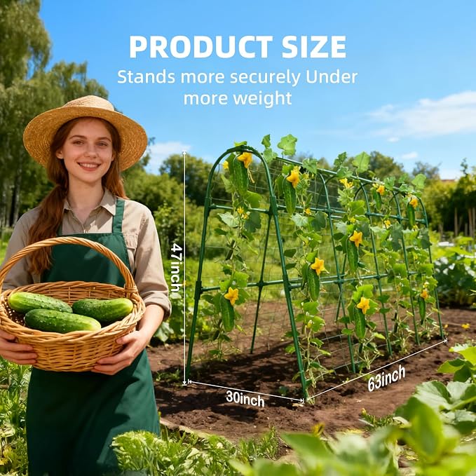 Cucumber Trellis for Raised Bed, U-Shape Garden Arch Metal Support for Climbing Plants, Metal Arch Plant Support Vegetables Trellis, Plant Support for Vine(Green, 63 * 30 * 47inch(L*W*H))