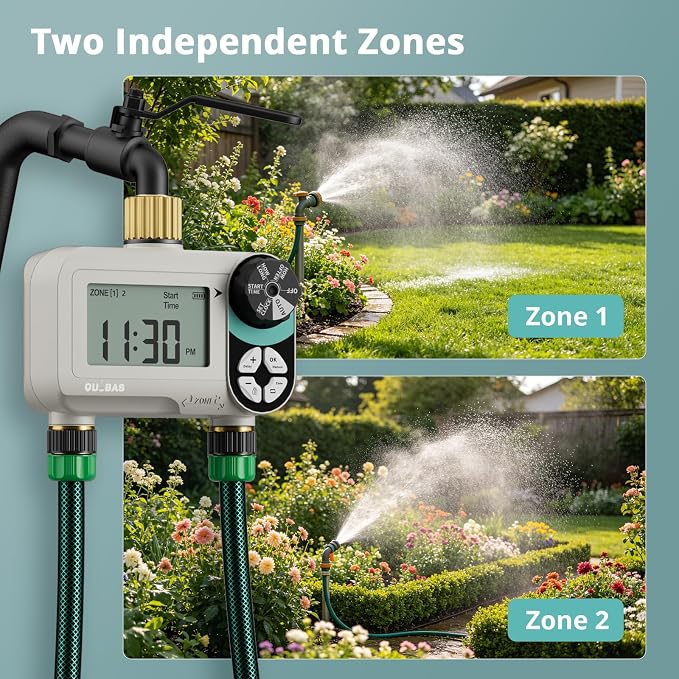 QUOBAS Zero Pressure Sprinkler Timer with Child Lock, Programmable Water Timer for Garden Hose with Brass Ports, Rain Delay/Manual/Auto Irrigation System, 2 Zone Watering for Rain Barrel, 2 Pack