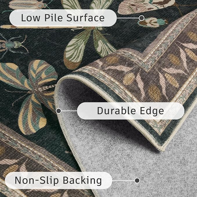 DCX 4x6 Washable Bug Rug for Living Room, Soft Low Pile Rug, Black | Easy to clean, non-shedding, soft, kid & pet friendly, with a non-slip rubber backing for bedrooms, and nature-themed decor