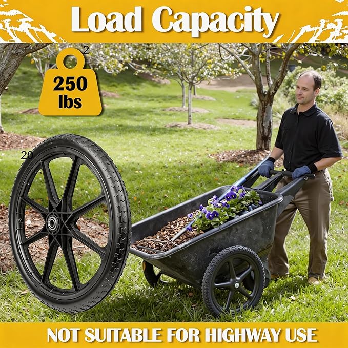 20'' Flat-Free Tire and Wheel, 250LB Capacity Each, Compatible with R ubbermaid Wheelbarrow, Includes 3/4'' & 5/8'' Bearings, 2.5'' Hub, for Garden Cart, Big Wheel Utility Carts, 2 Pack