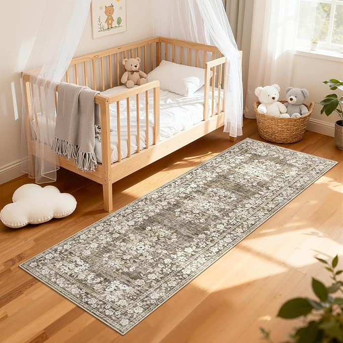 GarveeHome Floral Runner Rug 2x6 for Bedroom Vintage Throw Floor Cover | Washable Boho Flower Bordered Rugs Non-Slip Low Pile Botanical Hallway Accent Mats Floral Rug for Kitchen Entryway Brown
