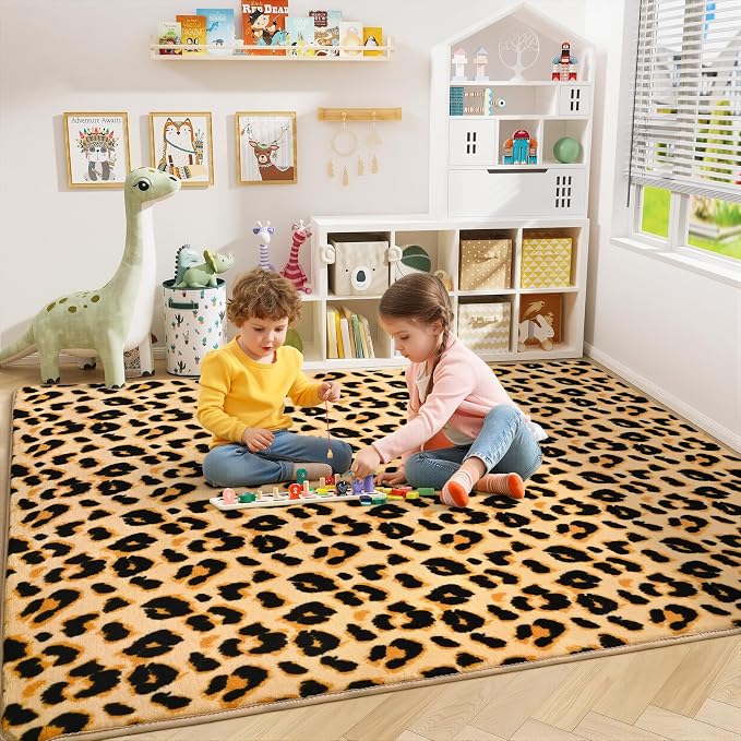 Amearea Soft Leopard Rugs for Bedroom Living Room, 6x9 Cheetah Print Rug | Fluffy Indoor Thickened Memory Foam Rug, Washable Animal Rug Carpet for Kids Boys Girls Dorm Nursery Room Home Decor, Khaki