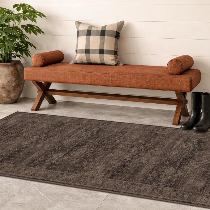 Washable 2x6 Runner Rug for Hallway, Dark Taupe Brown Low Pile Non-Slip Long Kitchen Runner Rugs for Bathroom Laundry Room, Boho Vintage Traditional Eclectic Stain Resistant Carpet