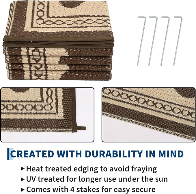 Garvee Outdoor Rug 9x12 Scalloped Waterproof Patio RV Outdoor Rugs Reversible Foldable Plastic Straw Rug Modern Camping Carpet for Deck Camper Porch Balcony Backyard Picnic Beach Brown