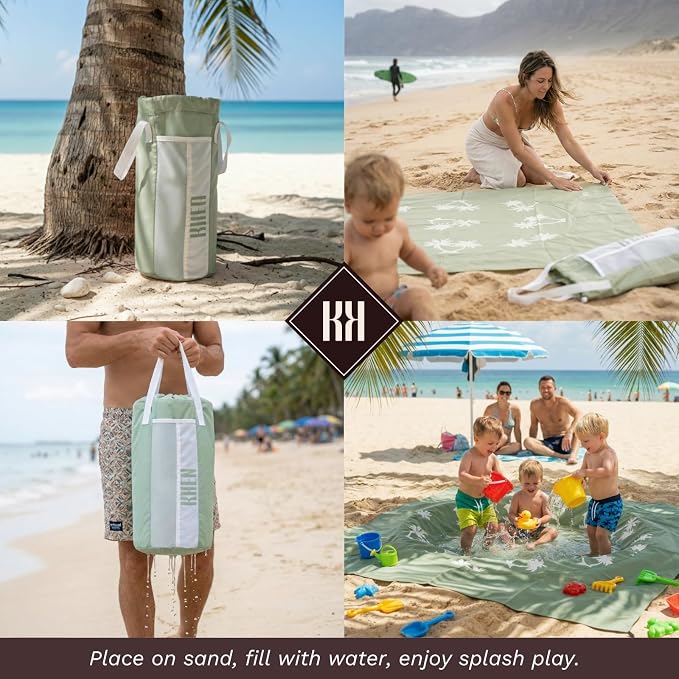 2-in-1 Kids, Baby & Infants Beach Pool & Waterproof Picnic Blanket - Large 6.5' Portable Paddling, Pool & Play Mat & Waterproof Carrying Bag, Outdoor Summer Gear, Toddle Child & Kid Bayside Green Sage
