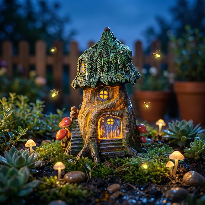 COWOS Solar Light Fairy Tree House, Fairy Garden House Statues, Tree House Figurines with Solar Light for Indoor Outdoor Art Decorations, Patio Yard Lawn Ornaments Gift