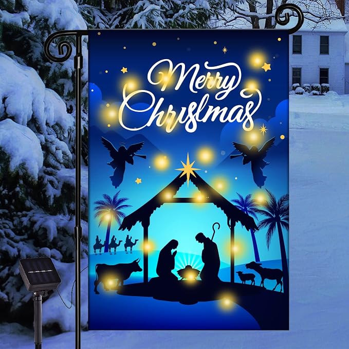 Nativity Christmas Lighted Garden Flag - Solar LED Burlap Religious Merry Yard Flag - Rustic Holy Night Farmhouse Outdoor Banner for Outside Decor - Xmas Holiday Sign 12 x 18 Inch