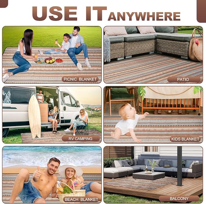 G GOOD GAIN Picnic Blankets Outdoor - Waterproof Outdoor Rug with Shoulder Carry Strap | Machine Washable Picnic Mat with Sandproof Backing for RV, Balcony, Camping, Hiking, Concerts (Orange, 9' x 6')