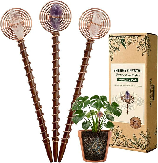 3-Pack Electroculture Copper Gardening Antenna with Crystals, 11" Electroculture Plant Stakes, 2.0mm Thick Copper Garden Stakes with Walnut Rods, Amethyst for Planters, Raised Beds