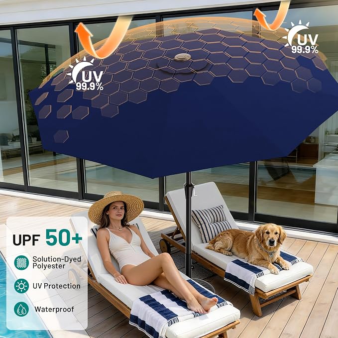 AreShark 10 FT Outdoor Patio Umbrella, Patio Table Umbrella with Push Button Tilt and Crank, Outdoor Patio Umbrellas with 8 Fiberglass Ribs, Patio Umbrellas for Market, Garden, Pool (Navy)
