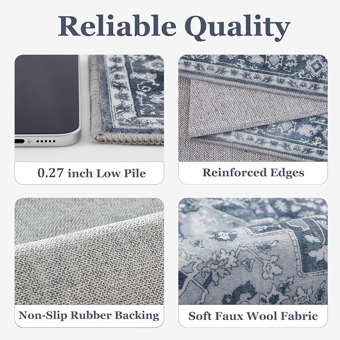 Blue Gray 5x8 Area Rugs for Living Room, Modern Vintage Medallion Dining Room Rug Washable Non Slip, Transitional Distressed Low Pile Thin Carpet Rugs for Den/Bedroom/Foyer/Home Office