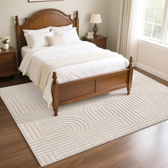 SHACOS Soft Cozy Fluffy Arch Pattern High Low Pile Area Rugs 9'x12' Large Non Slip Washable Modern Geometric Rug Scandinavian Minimalist Carpet for Living Room Bedroom Dining Room, Beige