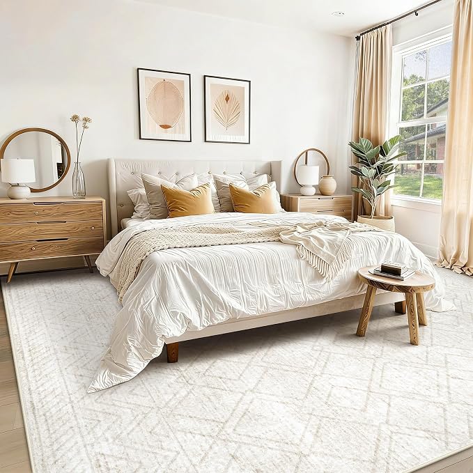 Area Rugs 9x12 Living Room Rug: Washable Geometric Moroccan Neutral Rugs Boho Modern Non Slip Area Rug Large Soft Indoor Floor Low Pile Carpet for Bedroom Dining Room Home Office (Beige, 9'x12')