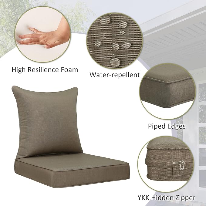 Unimatta Outdoor Patio Chair Cushions Set, 24" x 24"(24x24 Back), Set of 2, Water-Repellent, Fade Resistant, Deep Seat Bottom and Back Cushion for Backyard, Couch, Sofa, Coffee Brown