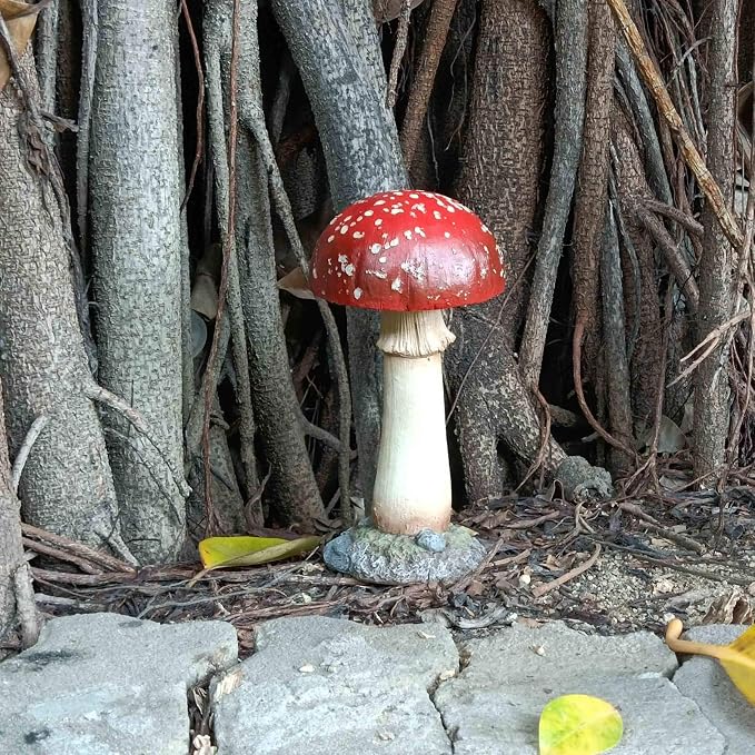 Mushroom Decor Outdoor Garden Statue - Garden Gnome's Favorite Garden Decoration Patio Decor (11.8", Red)