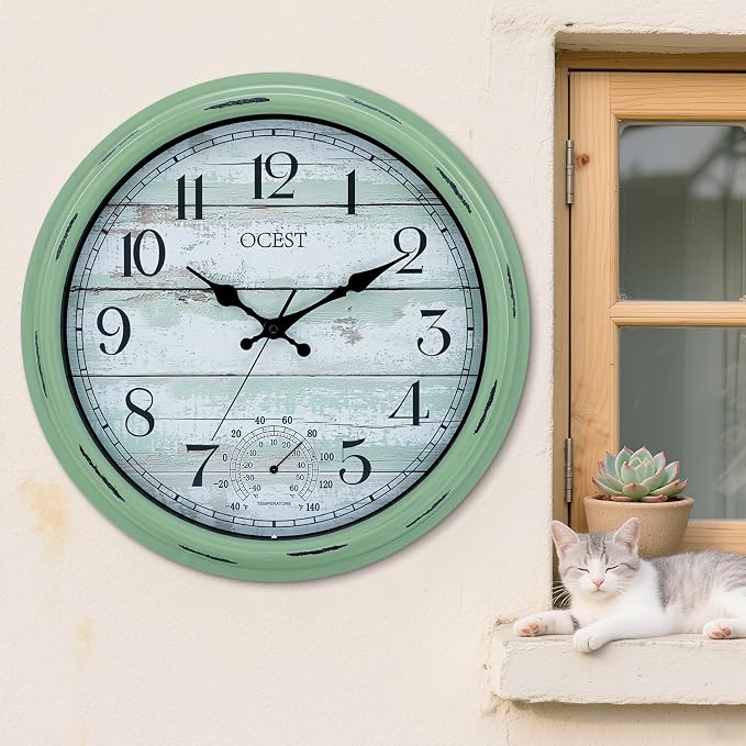 OCEST 16 Inch Indoor Outdoor Clock, Waterproof Large Wall Clock with Thermometer, Silent Non-Ticking Battery Operated Decor for Patio Pool Porch Garden Garage（Retro Green）