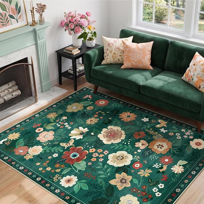 RELEANY Floral Washable 3x5 Area Rugs DarkGreen | Flower Carpet, Print, Boho, Non-Slip, Easy to Clean, Soft, Low Pile for Living Room Bedroom Kitchen Office Entryway Hallway