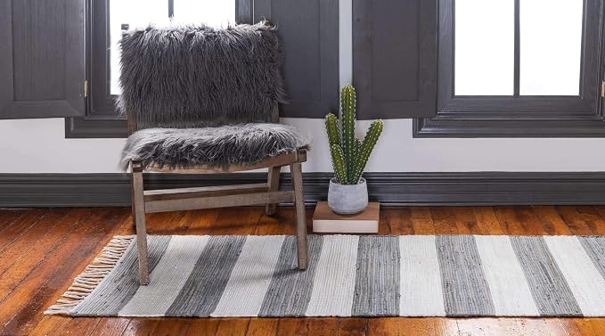 Unique Loom Chindi Rag Collection Area Rug - Striped (2' 2" x 10' Runner, Gray/ Ivory)